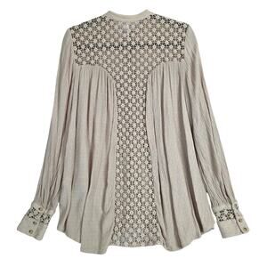 Free People Crepe Sheer Crochet Lace Shirt S Taupe Chic Fairy Whimsy Neutral Top